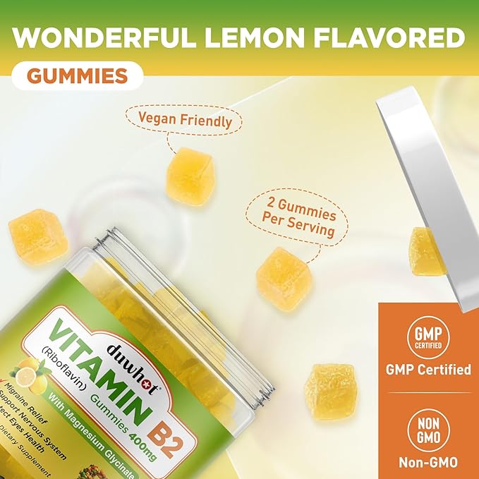 Vitamin B2 Gummies with Magnesium- Riboflavin 400mg for Migraine Relief & Headache Relief, B2 Vitamins Gummies for Adults & Kids, Vegan, 60 Chewable