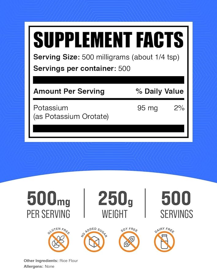 BulkSupplements.com Potassium Orotate Powder - Potassium Supplement, Potassium Orotate 500mg, Potassium Powder - Gluten Free, 500mg (95mg Potassium) per Serving, 250g (8.8 oz) (Pack of 1)