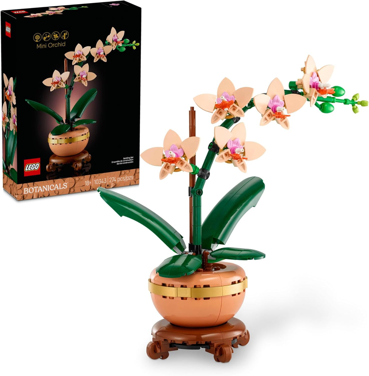 lego botanicals mini orchid building set for adults 18+ with 274 pieces and 5 peach blooms
