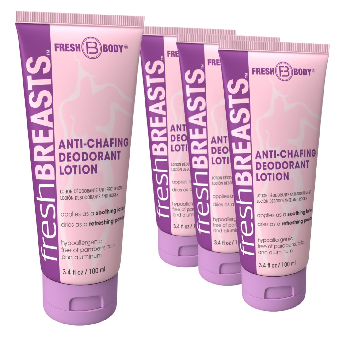 Fresh Body Fb Fresh Breasts Anti-Chafing Deodorant Lotion To Powder, 3.4 Fl Oz (4 Pack) Anti Chafe Cream Whole Body Deodorant Fo