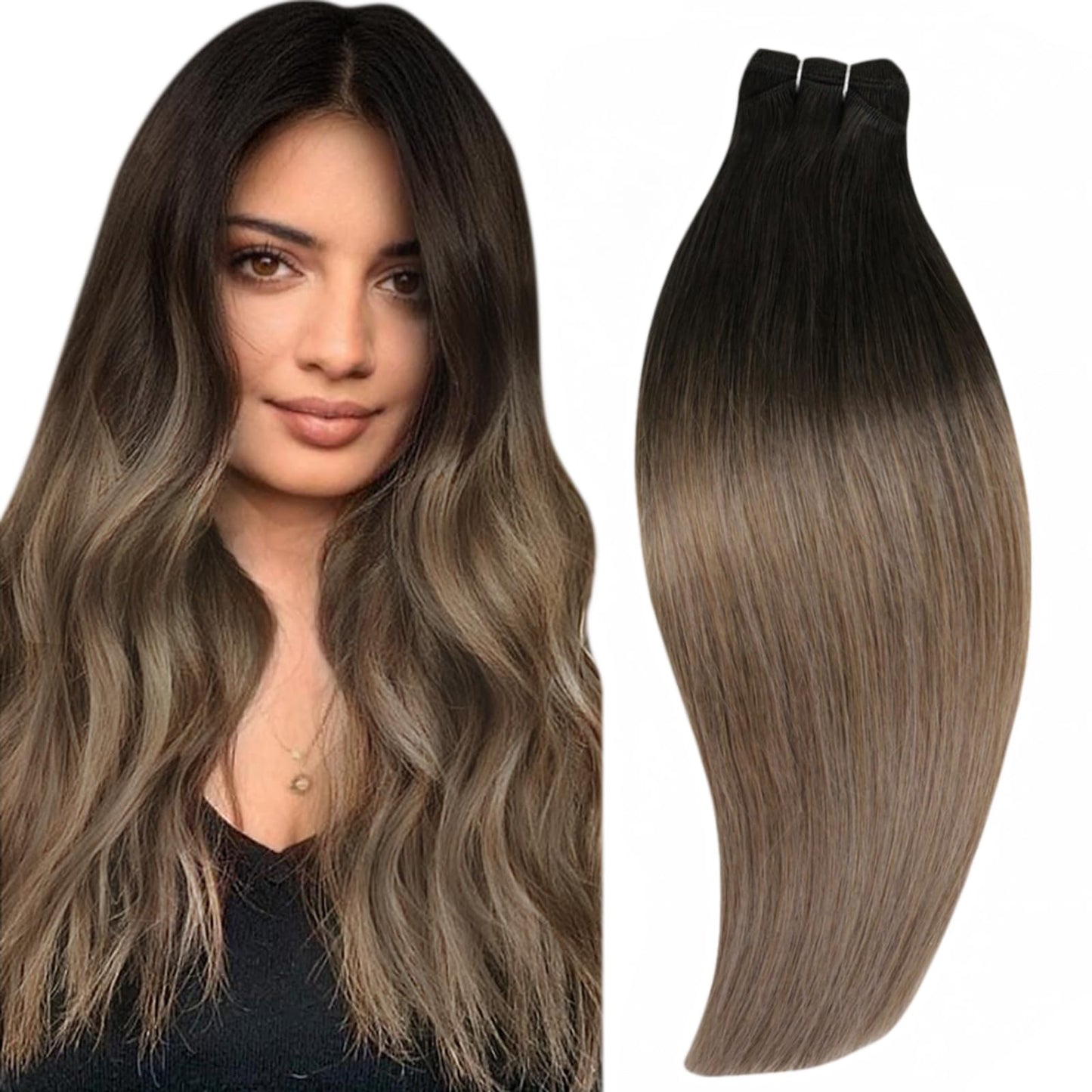 Runature Brown Weft Hair Extensions Human Hair 22 Inch Long Sew In Human Hair Extensions Weft Ombre Dark Brown Fading To Chestnu