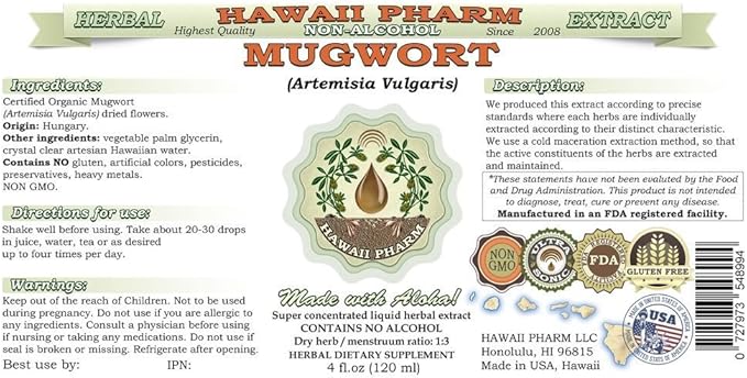 Mugwort Alcohol-Free Liquid Extract, Organic Mugwort (Artemisia vulgaris) Dried Flower Glycerite Natural Herbal Supplement, Hawaii Pharm, USAt 2x2 oz