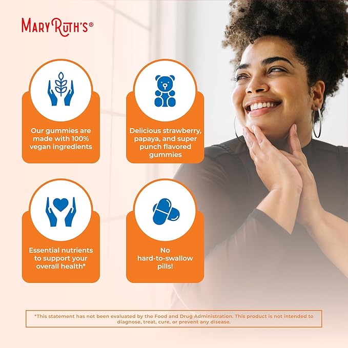 MaryRuth Organics Multivitamin for Women and Men | Sugar Free | Adult Multimineral Gummy with Vitamin C | D and E | B Vitamins | Biotin | Zinc | Vegan | Non-GMO | Gluten Free | 60 Count