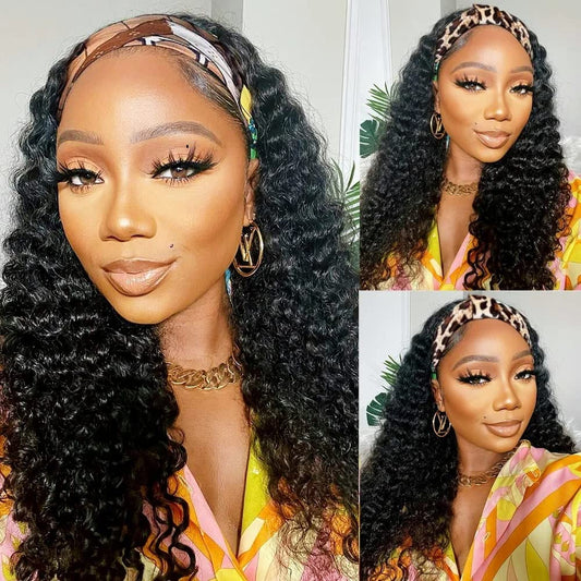 Lauberita 20 Inch Headband Wig Human Hair For Women Long Curly Hair Deep Wave Wig Natural Color