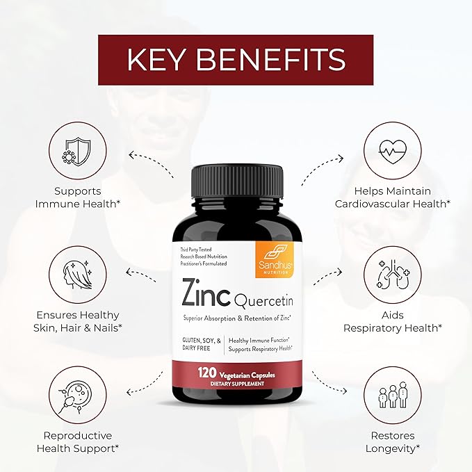Sandhu’s Zinc Quercetin 120 Vegetarian Capsules – Zinc Supplements for Antioxidant Immune Support for Men and Women – Gluten, Soy, Dairy Free