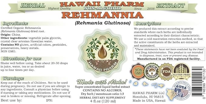 Rehmannia Alcohol-Free Liquid Extract, Organic Rehmannia (Rehmania Glutinosa) Dried Root Glycerite Natural Herbal Supplement, Hawaii Pharm, USA 32 fl.oz