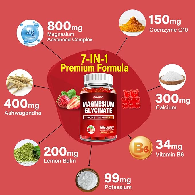 Magnesium Glycinate Gummies 400mg with Ashwagandha, Lemon Balm, CoQ10 for Energy Support & Better Zzz –Sugar Free Magnesium Gummy Supplements for Women and Men- 120 Count