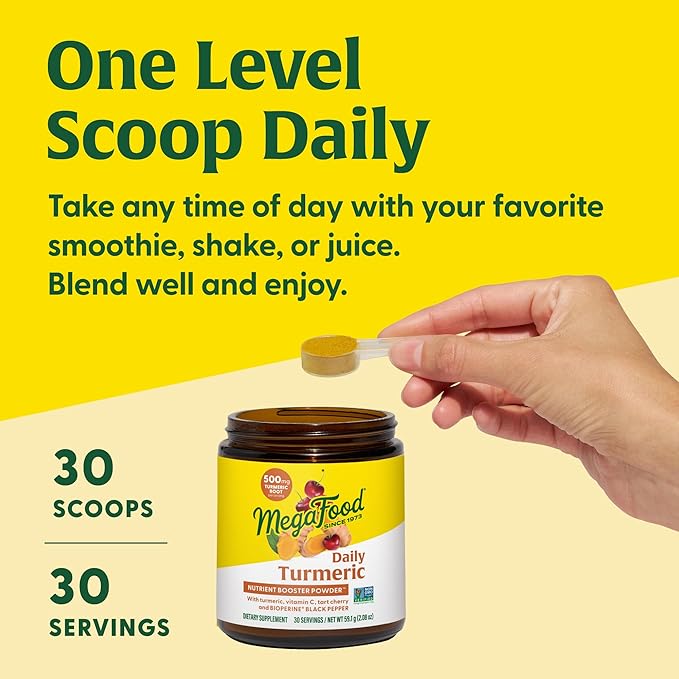 MegaFood Daily Turmeric Nutrient Booster Powder - Turmeric Supplement -with Black Pepper Extract, Tart Cherry & Vitamin C - Vegan - Made Without 9 Food Allergens - 2.08 Oz (30 Servings)