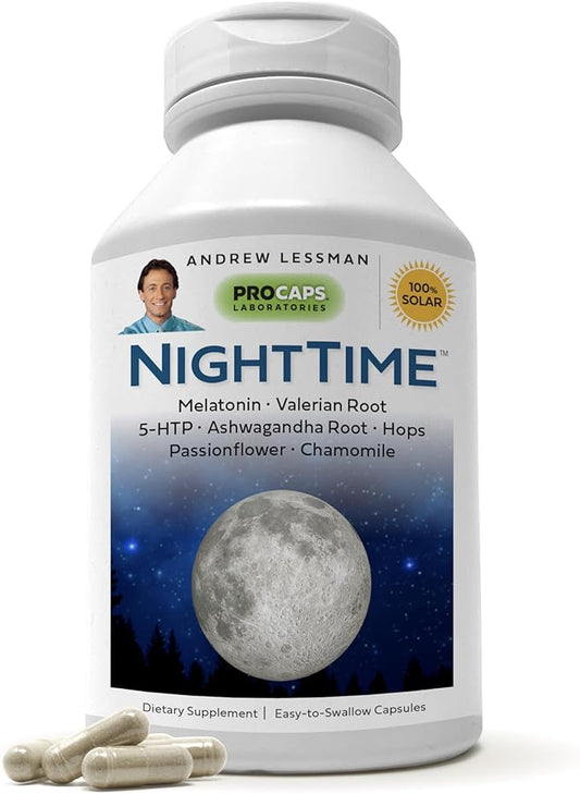 ANDREW LESSMAN Night Time 60 Capsules - 3mg Melatonin, Valerian, Ashwagandha, Passionflower, Hops, Chamomile. No Morning Hangover. Natural Support, Gentle Restful Sleep. Easy to Swallow Capsules