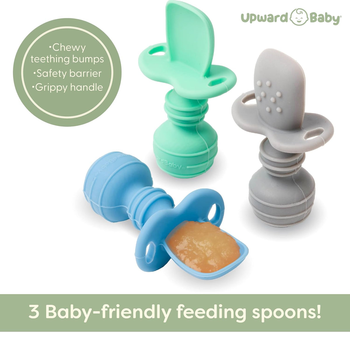 Self-Feeding Spoon - Anti Choke Barrier - Silicone Baby Spoons Toddler Utensils for Home & Travel, Textured Tips Massage Gums & Baby-Led Weaning (Blue/Gray/Mint)
