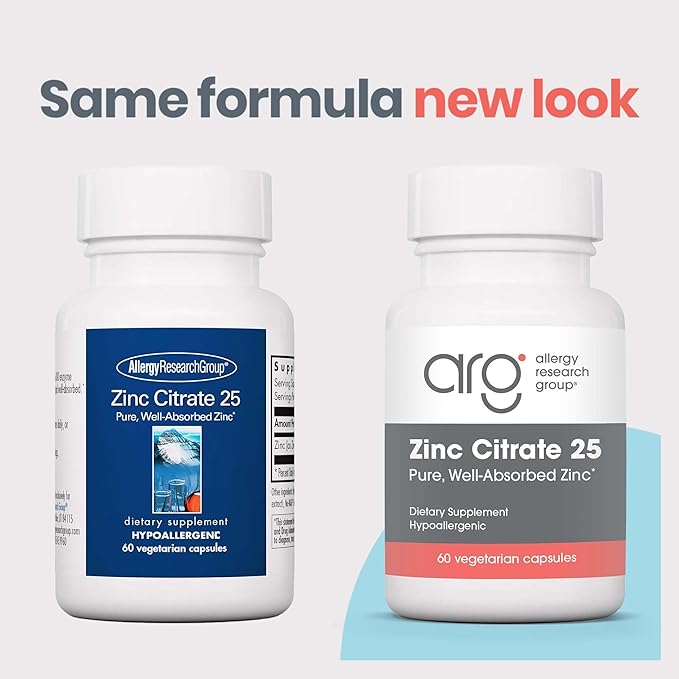 Allergy Research Group Zinc Citrate Supplement - 25mg Zinc for Men & Women, Immune Support, Pure, Well-Absorbed, Well-Tolerated, Trace Mineral, Vegetarian Capsules - 60 Count