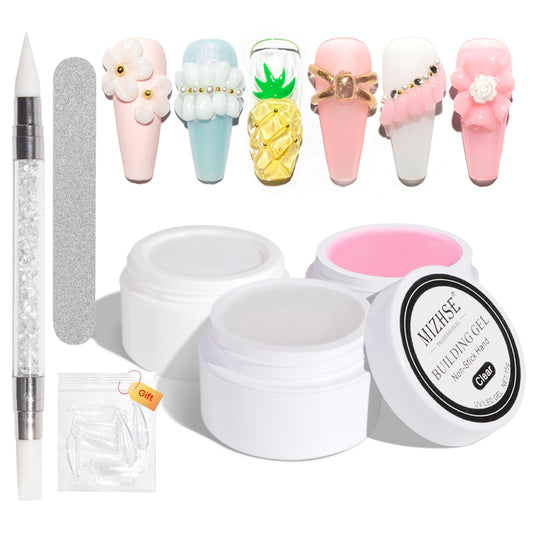 Mizhse Solid Builder Gel For Nails, 3 Colors Sculpting Nail Extension Gel For Nails, Clear White Pink Non-Sticky Hand Building G