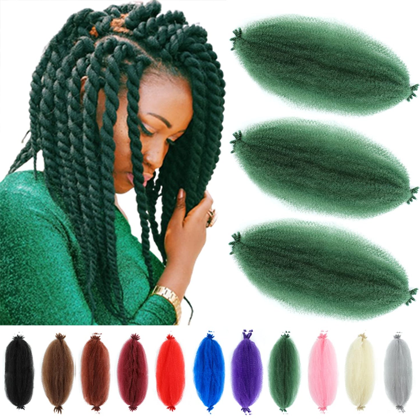 Springy Afro Twist Hair 12 Inch 3 Packs Green Color Pre Fluffed Marley Twist Braiding Hair For Black Women (12 Inch, Green)
