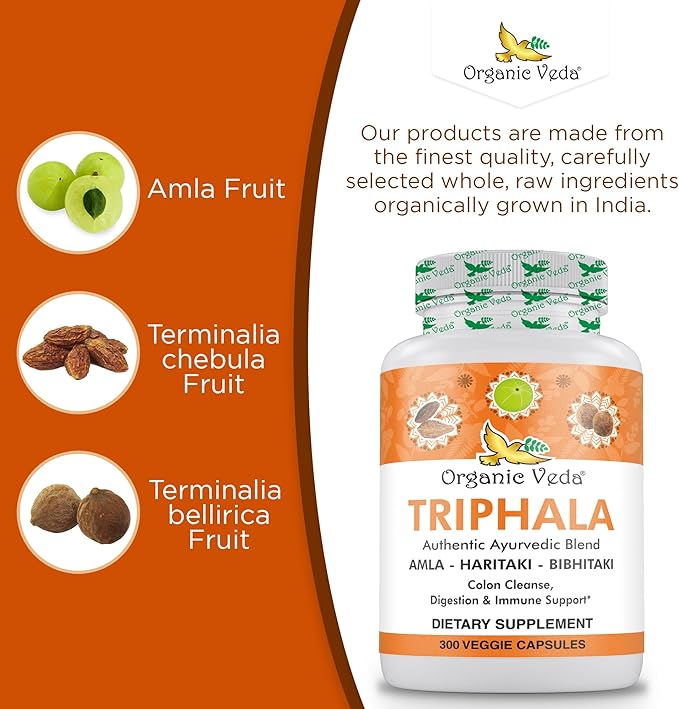 Organic Veda Triphala Powder 300 Capsules, 1000mg - Organic Triphala Supplement for Colon Cleanse, Immune, Gut & Digestion Health - Whole Green Antioxidants Amla, Haritaki & Bibhitaki - Vegan Pills