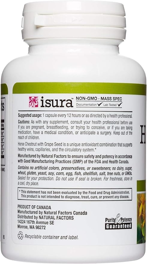 HerbalFactors by Natural Factors, Horse Chestnut, Antioxidant Support for a Healthy Circulatory System and Veins with GrapeSeedRich, 60 capsules (60 servings)
