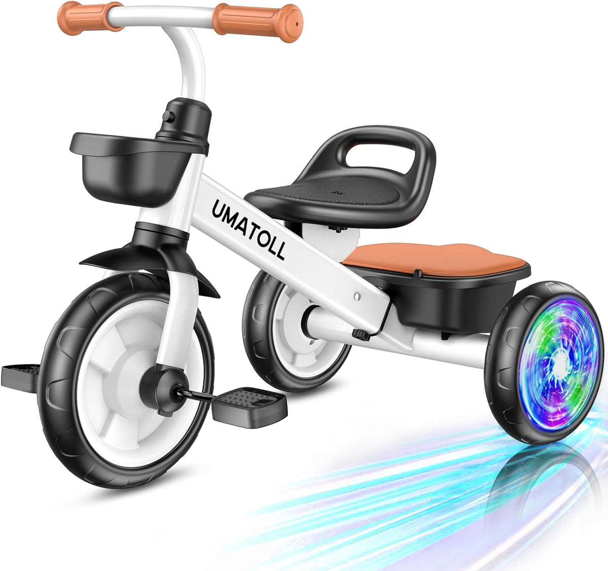 Umatoll Carbon Steel Tricycle for Toddlers 2-5 Years, Adjustable Outdoor Toy with Light-Up Wheels, Stable Ride, Dual Baskets