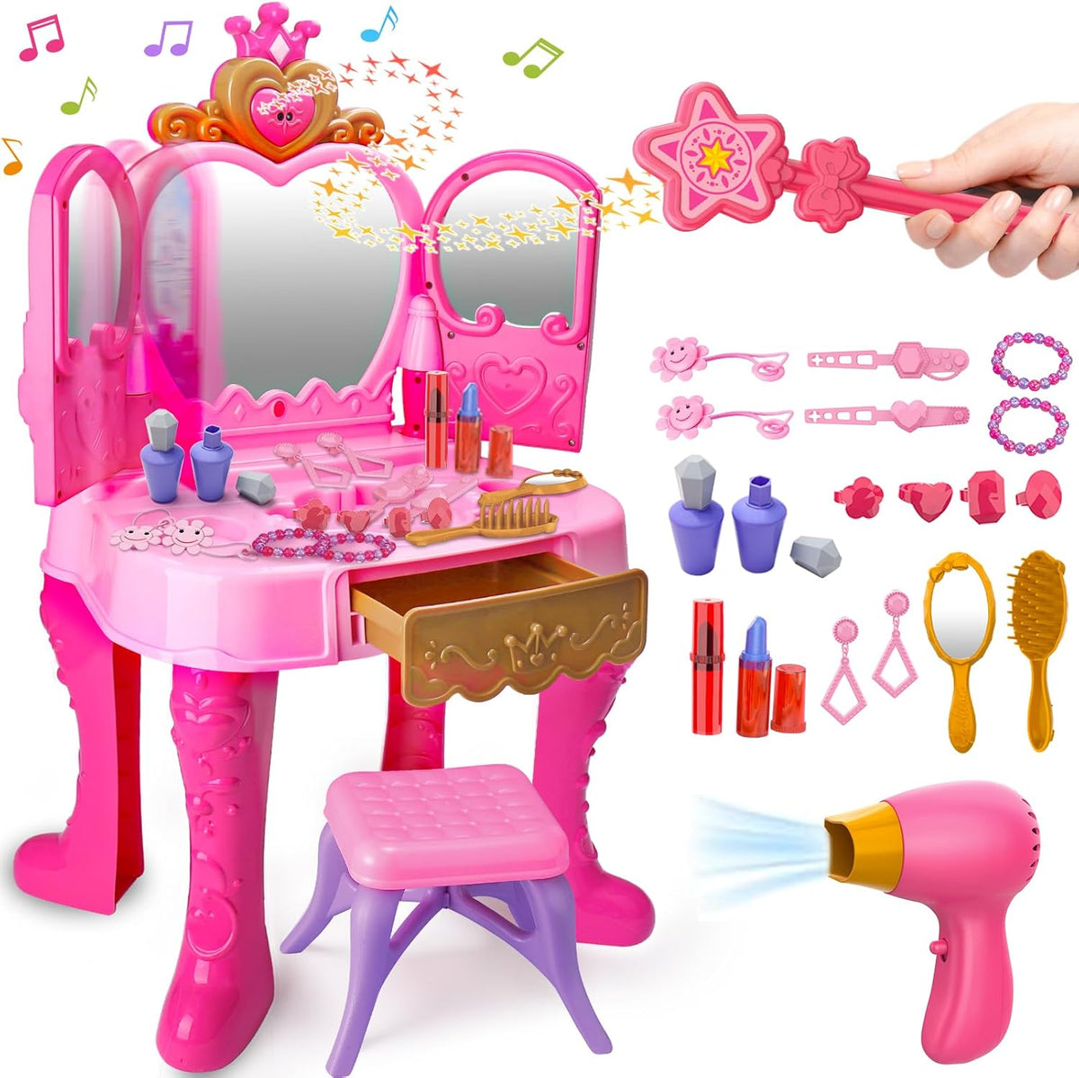 Toddler Vanity Magic Makeup Set Table & Chair Girl Toy Automatically Mirror with Music Light Pink Toys for 3 4 5 Year Old Girl Hair Salon Pretend Play Princess Dress Up Playset Valentine Gift Age 3-5