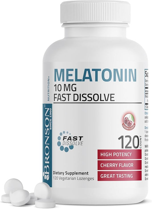 Bronson Melatonin 10mg Fast Dissolve Cherry Flavored Tablets Vegetarian Chewable Lozenges, 120 Count