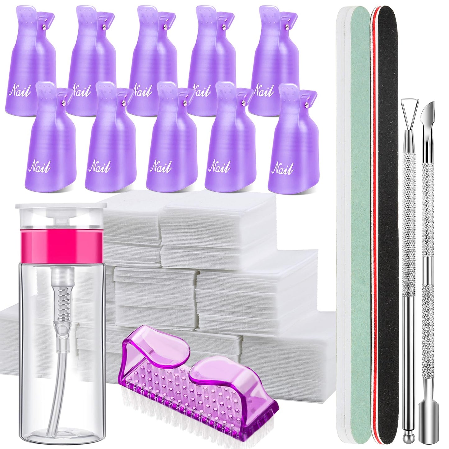 Fandamei Nail Polish Gel Remover Tools Kit, 10 Pcs Purple Nail Clips, 100Ml Nail Polish Remover Bottle, 500 Pcs Remover Cotton P