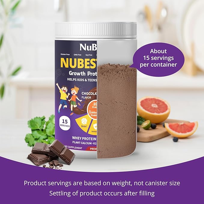 NuBest Tall Protein Powder for Kids & Teens - Chocolate Protein Powder Shake - Protein Drink with Probiotics, Omega 3-6-9, Vitamin D3 + K2, Calcium, Vitamins - Bone Strength and Immunity - Pack 3