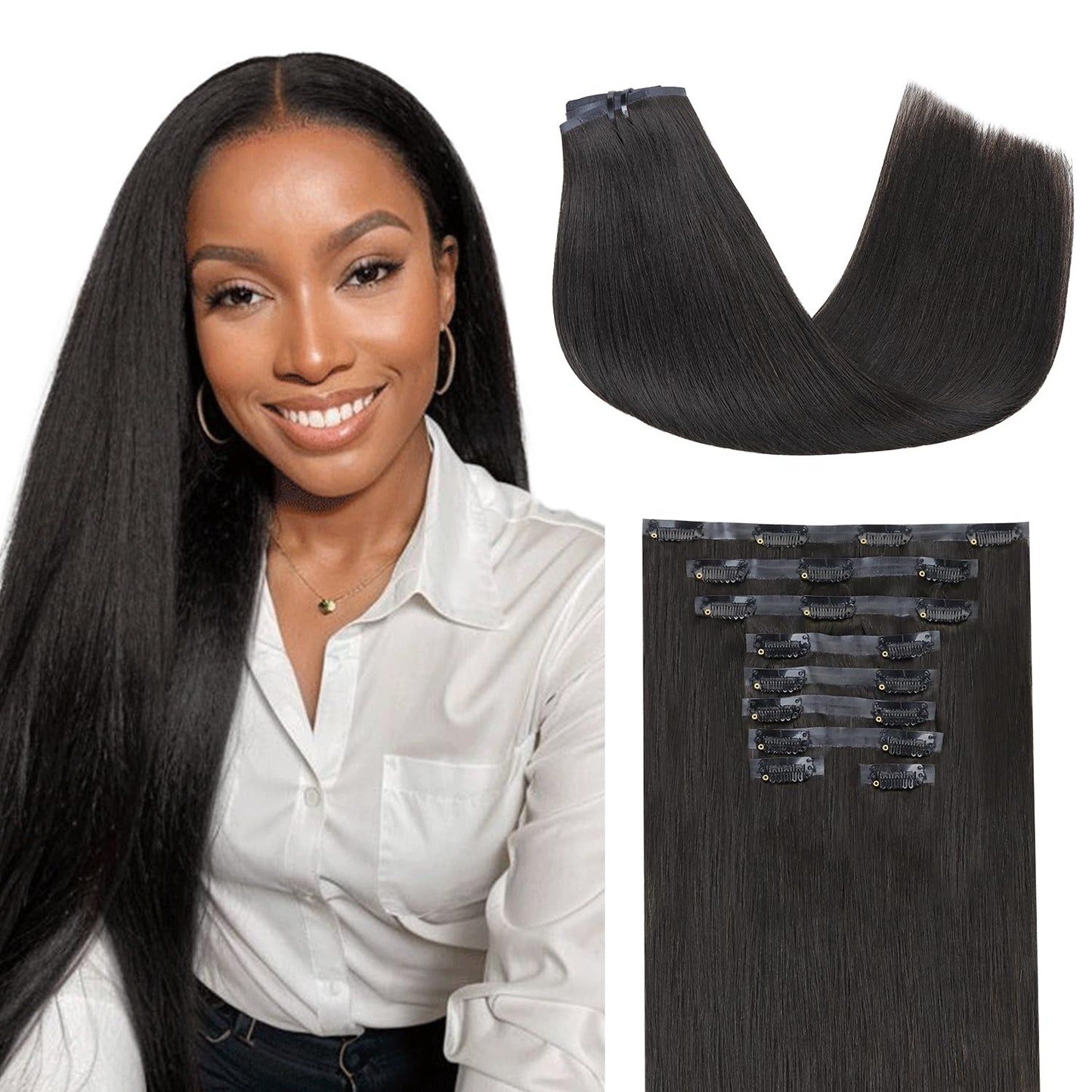 Lashey Seamless Clip In Hair Extensions Human Hair 150G 9Pcs Yaki Straight Natural Black Hair Extensions Real Human Hair For Wom