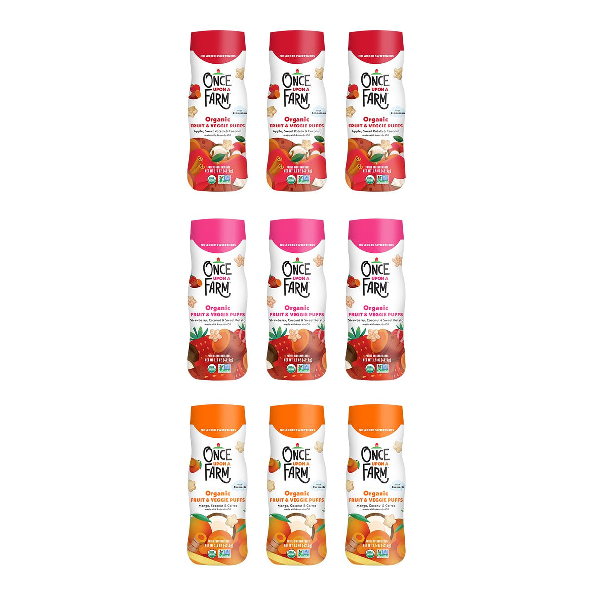 Once Upon A Farm Strawberry, Coconut & Sweet Potato Puffed Sorghum Snack, Fruit & Veggie Puffs, Non GMO, 1.5 Ounces (Pack Of 6) | Once Upon A Farm Organic Strawberry, Coconut & Sweet Potato Puffed Sorghum Snack, Fruit & Veggie Puffs, Non GMO, 1.5 oz, 6ct