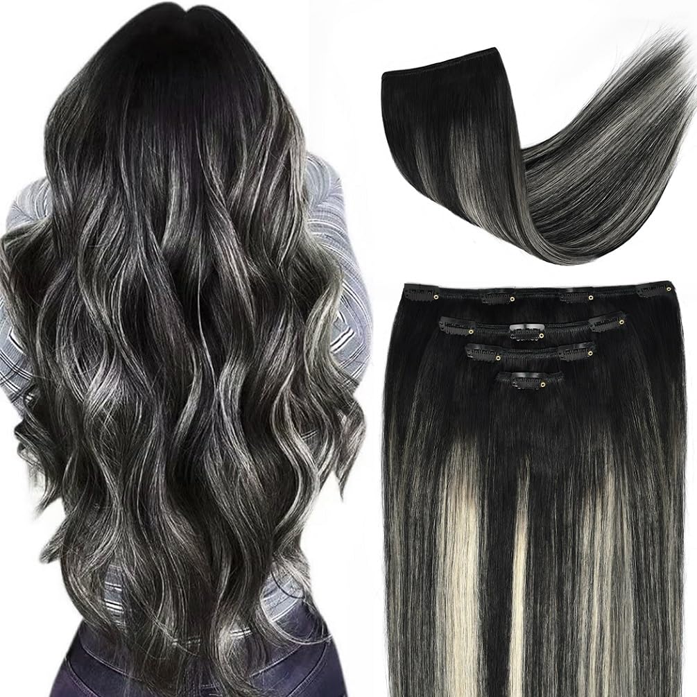 16'' Clip In Hair Extensions Remy Human Hair Black Balayage Silver For Women - Silky Straight 100% Real Human Hair 55Grams 4Piec