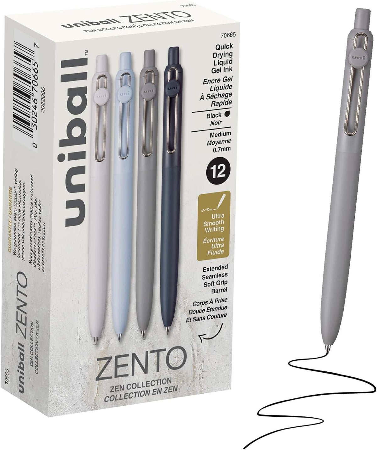 uniball™ Zento Gel Pens, Black Ink, 0.7mm Medium Point, Retractable, 4 Count, Smooth Writing, Quick-Drying, No Smear, No Bleed, Muted Barrel Colors