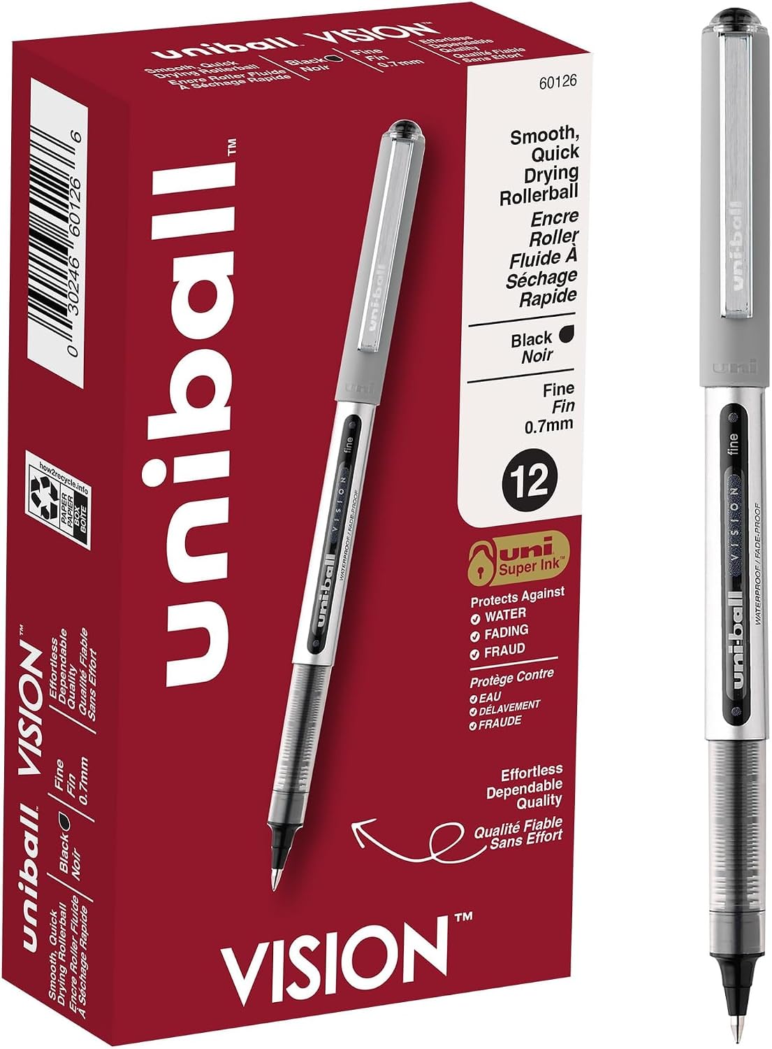 uni-ball Vision Stick Roller Ball Pens, Fine Point, Black Ink, Pack of 4