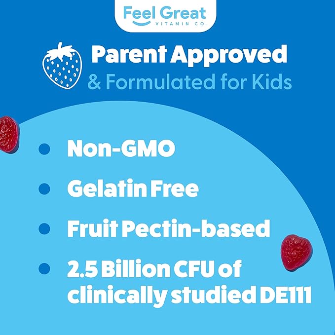 Feel Great USDA Organic Kids Probiotics Gummies | Chewable Strawberry Probiotics for Digestive Health & Immune Support | Plant Based Probiotic & Prebiotic for Kids | 30 Count
