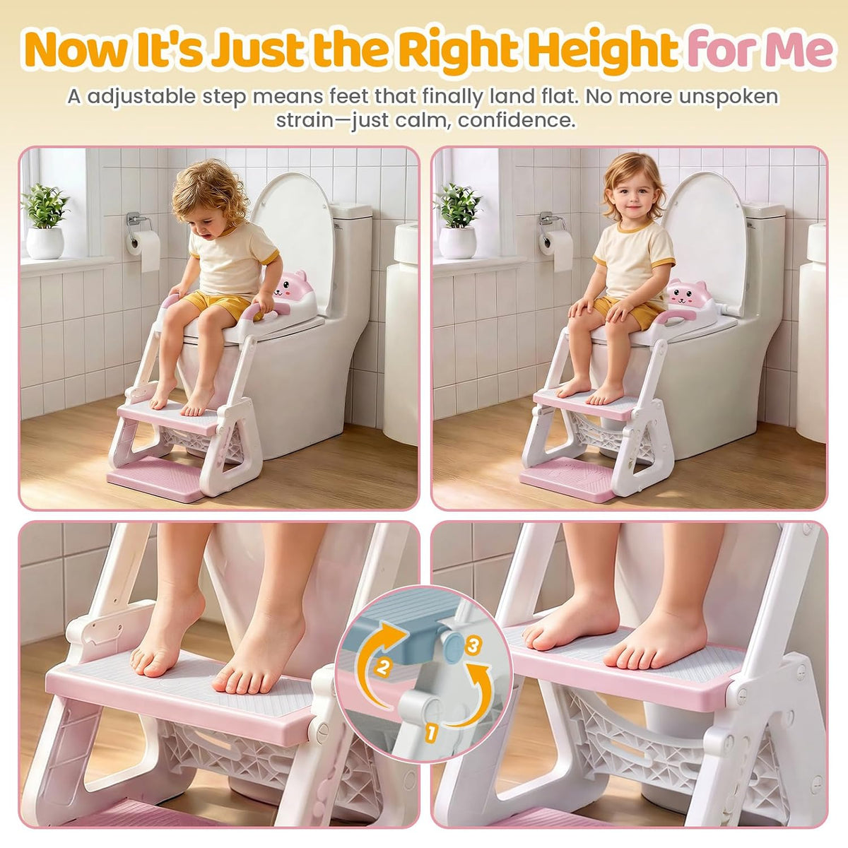 Orzbow Potty Training Seat with Step Stool, Toddler Toilet Seat with Ladder | 7 Height Adjustable, Splash Guard, Non-Slip Base, Handles, Stable Triangular Fits Most Toilets, For Kids Boys Girls, Pink