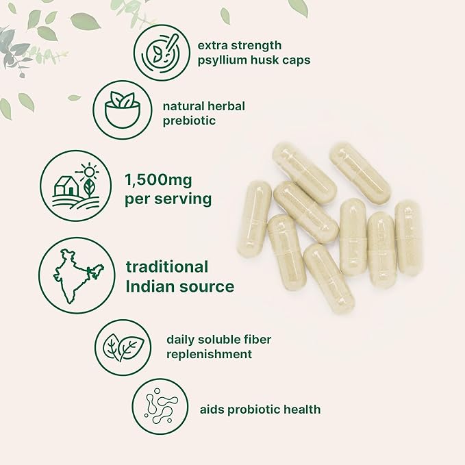 Psyllium Husk Caps 1,500mg, 500 Capsules | Soluble Fiber Supplement | India Origin | Natural Prebiotics & Probiotics | Gut & Digestive Health Support | Non-GMO, Gluten Free