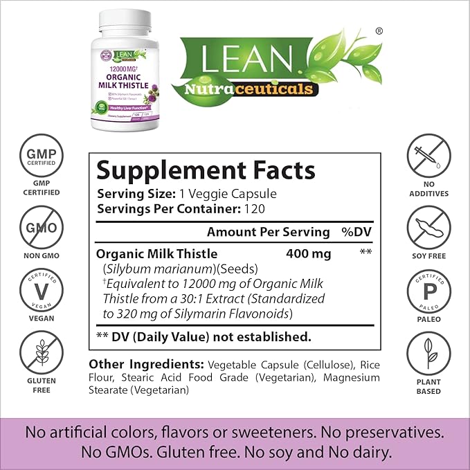 Lean Nutraceuticals Organic Milk Thistle Liver Cleanse Detox & Repair – 12000mg Milk Thistle Extract with Dandelion Root & Artichoke – Liver, Kidney & Gallbladder Support, 120 Vegan Capsules