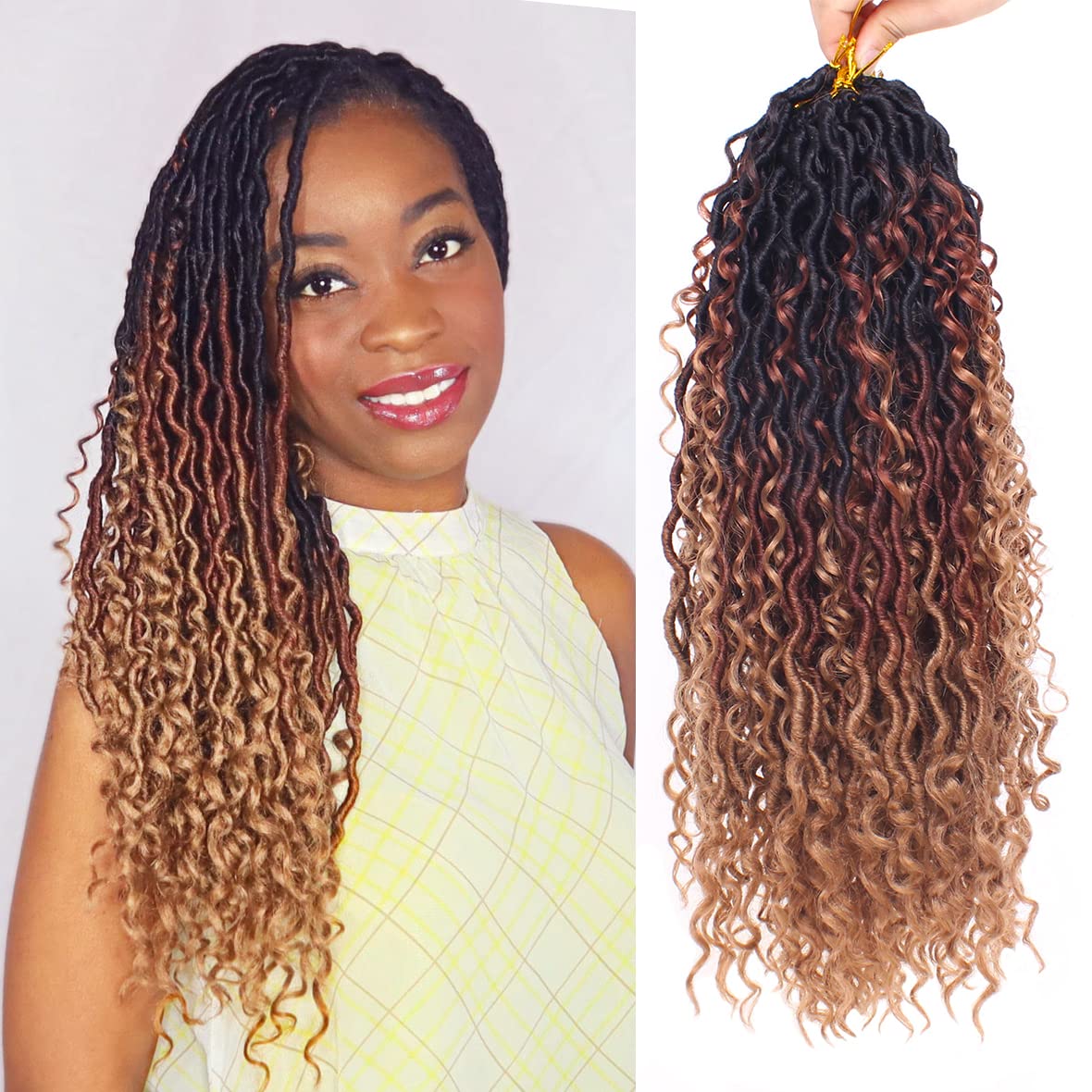 Zrq 8 Packs 18 Inch Goddess Locs Crochet Braids Hair, 3 Tone Ombre Boho Faux Locs, Synthetic Bohemian Hippie Curly River Hair Ex