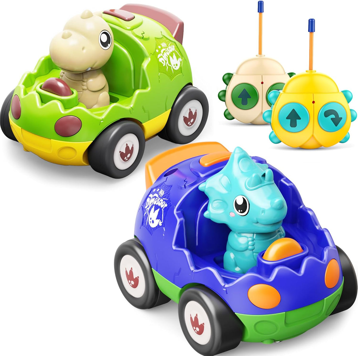 Kidz do 2 Pack Dinosaur Remote Control Cars for Kids 2-5 Years Old with Music and Light Features