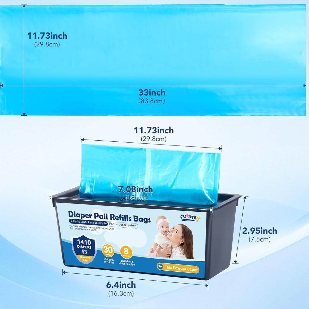 FURWEY Diaper Pail Refill Bags, 2-Pack (60 Bags), 30 Bags Per Refill | Compatible with Genie Easy Roll Signature Diaper Pails, Holds Up to 4230 Newborn Diapers, 7 Layer Odor Barrier, Scented
