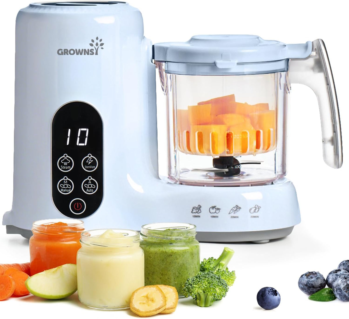 Grownsy Baby Food Maker, Steamer & Blender Baby Food Processor, White | BPA-Free Elevated Steam Basket, Healthy Homemade Baby Food Purees, Starting Solids & BLW, Baby Feeding Essentials, 6+ Months