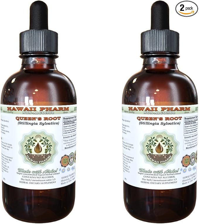Queen's Root Alcohol-Free Liquid Extract, Queen's Root (Stillingia Sylvatica) Dried Root Glycerite Natural Herbal Supplement, Hawaii Pharm, USA 2x4 fl.oz