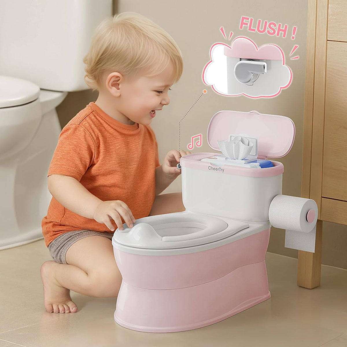 CheerTry 2-in-1 Toddler Potty Training Toilet with Detachable Training Seat | Large Potty Chair, Realistic Flushing Sound for Boys & Girls Ages 1-3 with Wipes Storage, Toilet Paper Holder - Pink