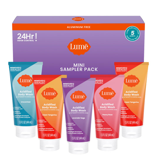 Lume Acidified Body Wash 5 Pack Minis - 24 Hour Odor Control - Moisturizing - Formulated Without Sls & Parabens - 2 Ounce Tubes