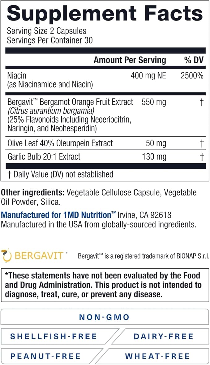 1MD Nutrition CholestMD with Olive Leaf Extract, Bergavit, Niacin, Garlic | 60 Capsules
