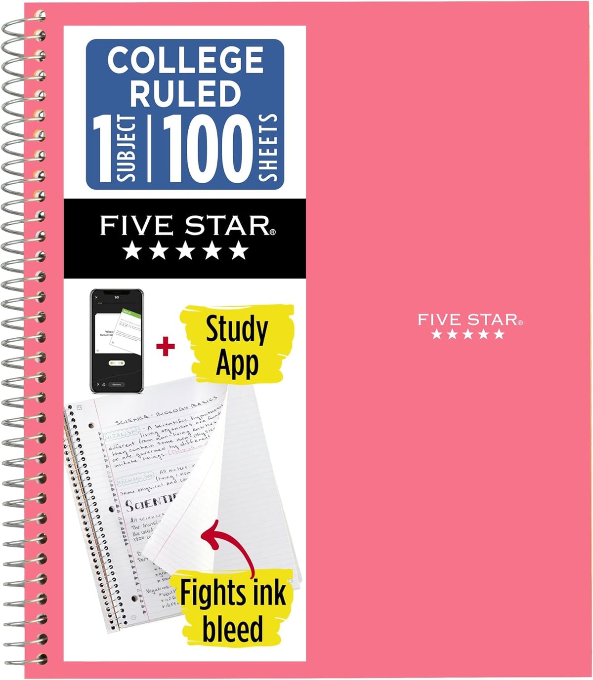 Five Star Spiral Notebook + Study App, 1 Subject, College Ruled Paper, 8-1/2" x 11", 100 Sheets, Fights Ink Bleed, Water Resistant Cover, Amethyst Purple (38744)
