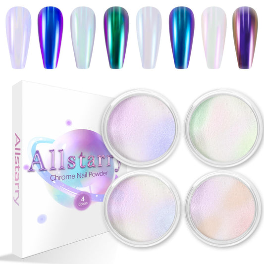 Allstarry White Chrome Nail Powder, 4 Pcs Color-Shift Chameleon Chrome Effect Powder Neon Aurora Glitter Dust Iridescent Pearles