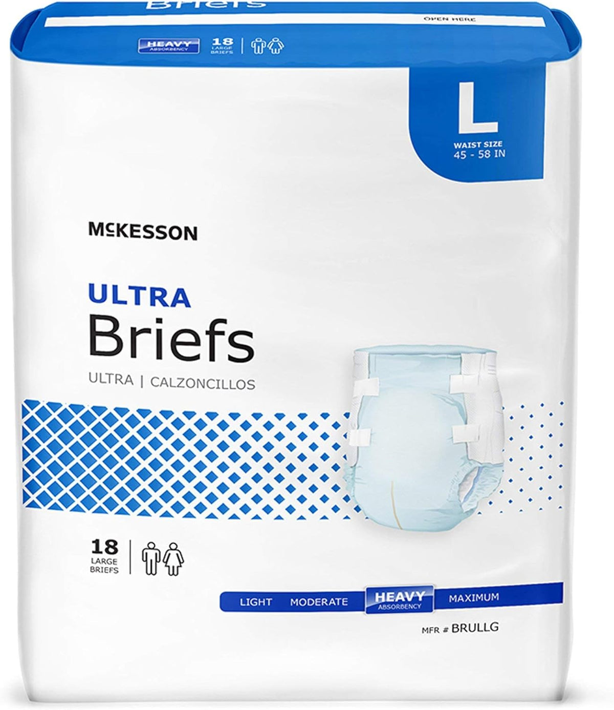 McKesson Ultra Briefs, Heavy Absorbency, Large, Unisex, 58 in, 72 ct | Disposable, Elastic Leg Gathers and Contoured Fit for Men and Women, Incontinence