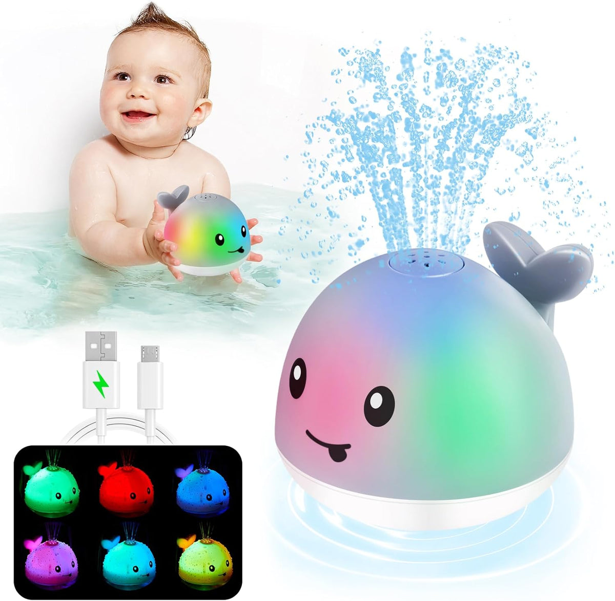 Anggiko Baby Bath Toy, Light Up Whale Sprinkler for Toddlers Ages 1-3, 6-12 Months Rechargeable Battery Toy Gift