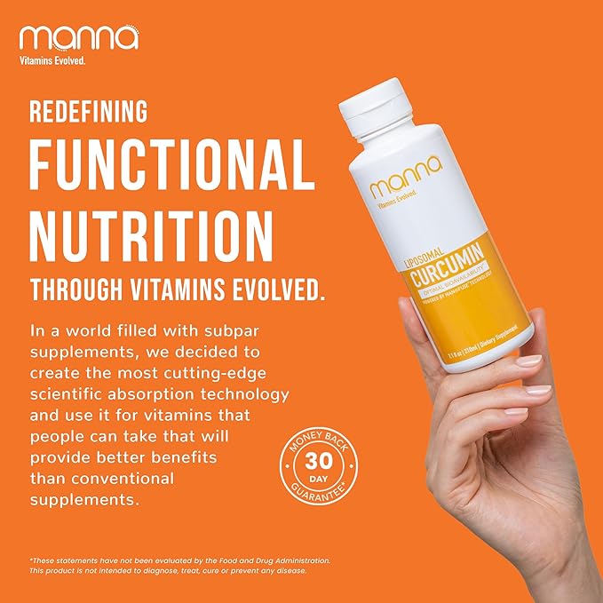 Manna Vitamins Evolved Liposomal Liquid Curcumin for Advanced Absorption Best Turmeric Supplement for Daily Joint & Immune Health Support - Vegan, Non-GMO, 95% Curcuminoids