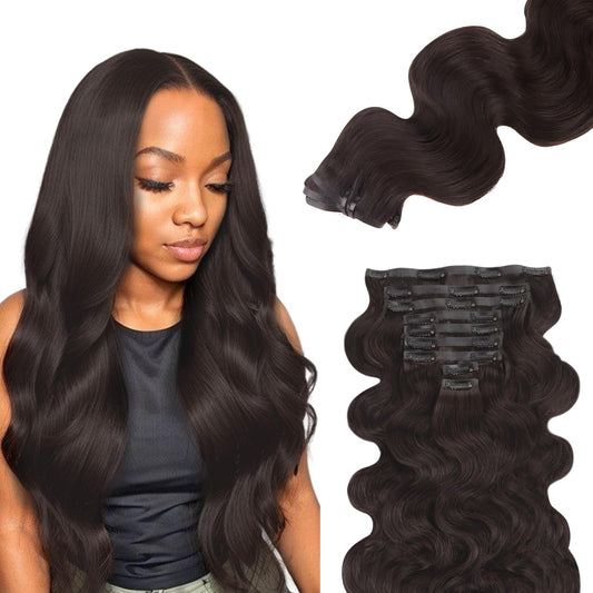 Lashey Seamless Clip In Hair Extensions Human Hair 130G 9Pcs 16 Inch Body Wave #2 Dark Brown Clip In Hair Extensions For Women P