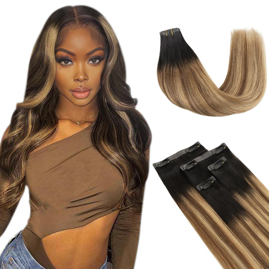Lashey Ombre Balayage Ash Brown Highlighted Honey Blonde Seamless Clip In Hair Extensions Human Hair With Natural Black Dark Roo