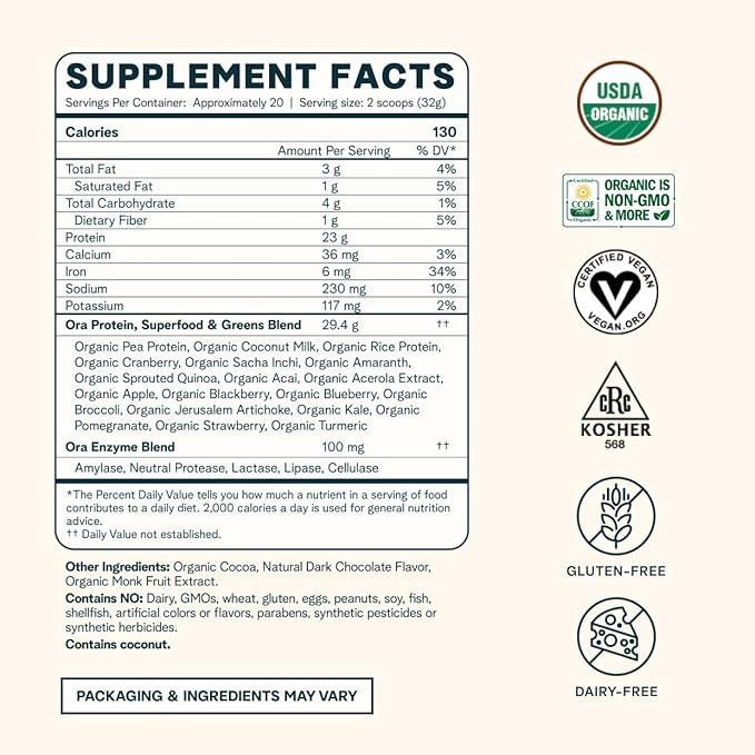 Ora Organic Vegan Protein Powder - 23g Plant Protein for Women and Men - Chocolate Flavor 20 Servings, Bloat-Free, Gluten Free, Non-GMO, No Artificial Sweeteners