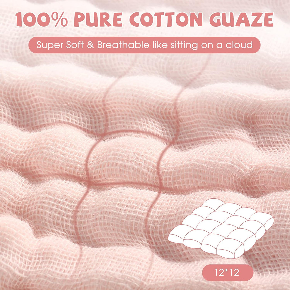 Baby Washcloths and Burp Cloths, Soft Absorbent Towels for Newborns, 6 Pack, 12x12 Inches (Pink)